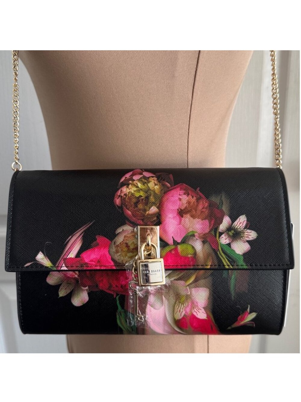 Ted Baker Black Clutch with Floral Design Cyra Chain/ Leather Crossbody Handbag